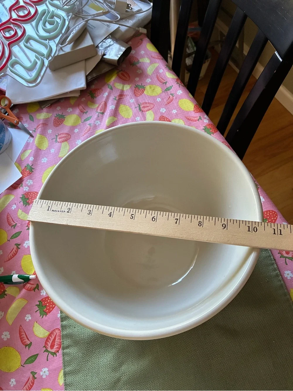 Vintage large farmhouse yellow Mixing Bowl with Navy Blue Stripes